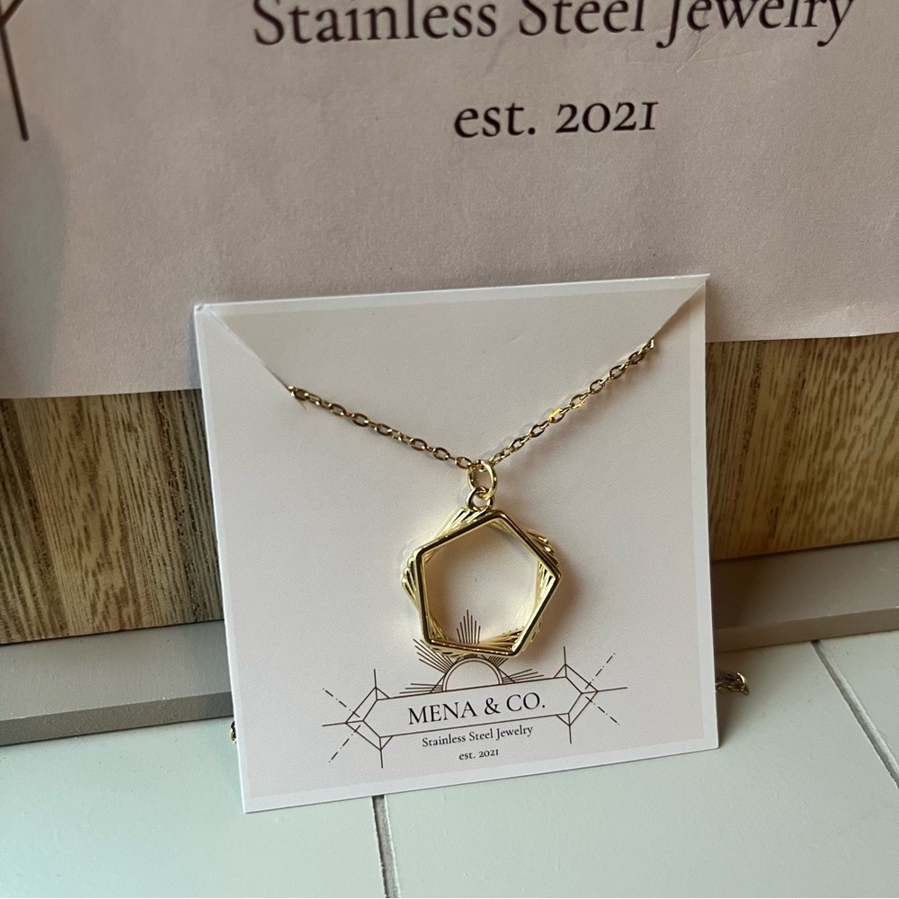 Stainless Steel Gold Hexagon Design Pendant Necklace